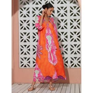 Ador Orange Pink Tropical Paisley Tassel Maxi Caftan Dress Size 2XL NEW